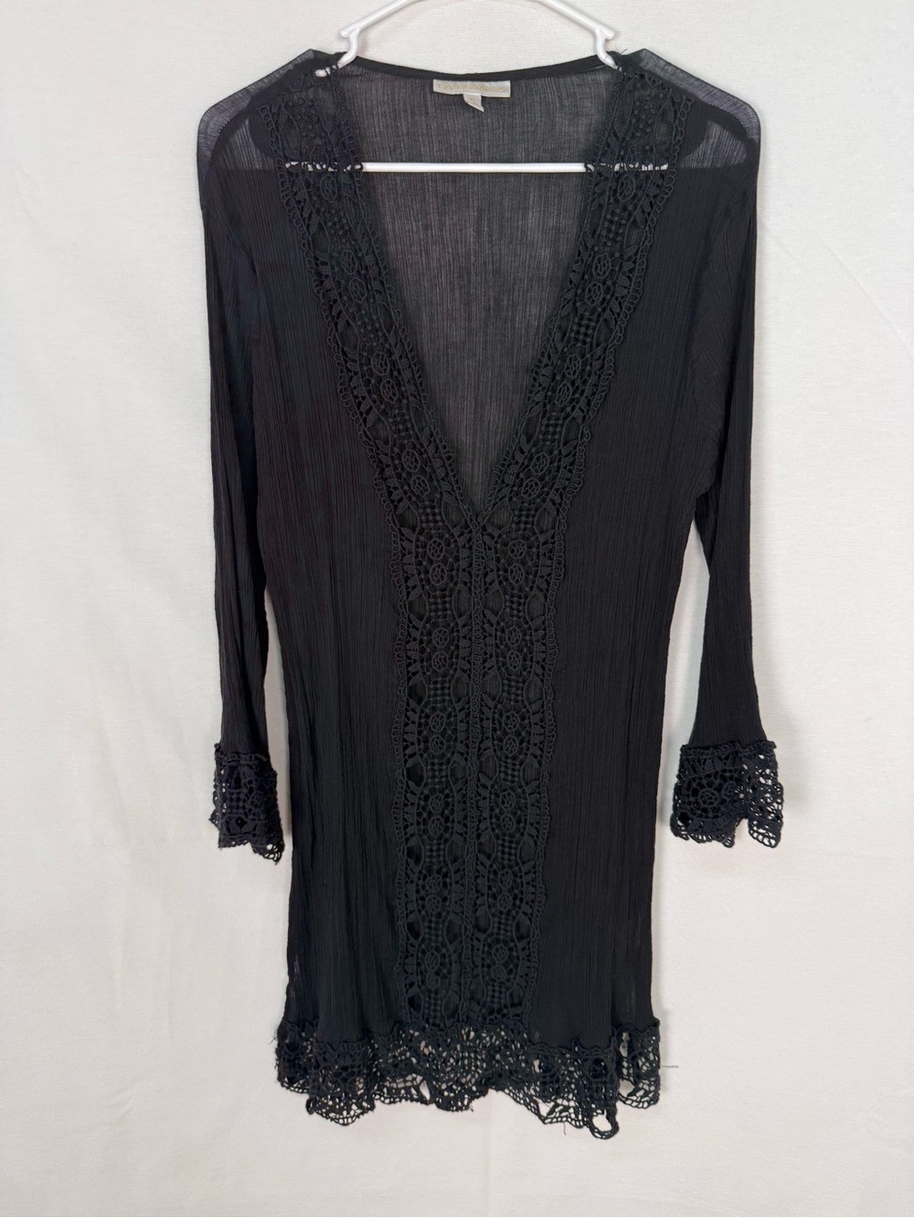 La Blanca Black Crochet-Trim V-Neck Tunic Coverup